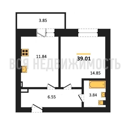 1-комнатная квартира, 39.01кв.м - изображение