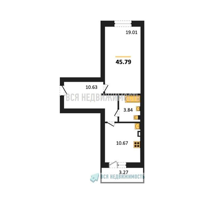 1-комнатная квартира, 45.79кв.м - изображение