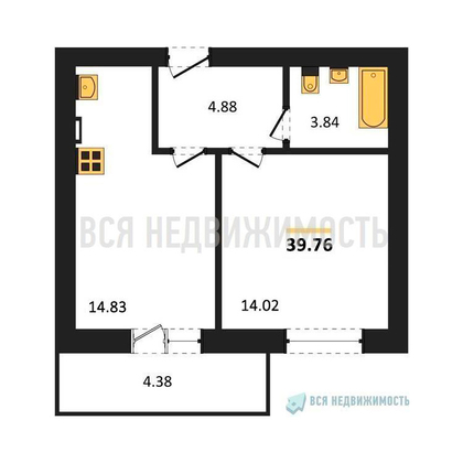 1-комнатная квартира, 39.76кв.м - изображение