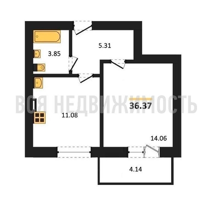 1-комнатная квартира, 36.37кв.м - изображение