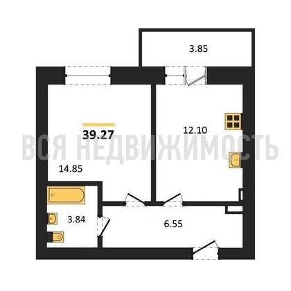 1-комнатная квартира, 39.27кв.м - изображение