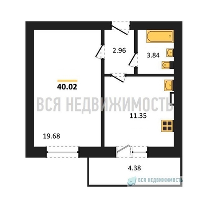 1-комнатная квартира, 40.02кв.м - изображение