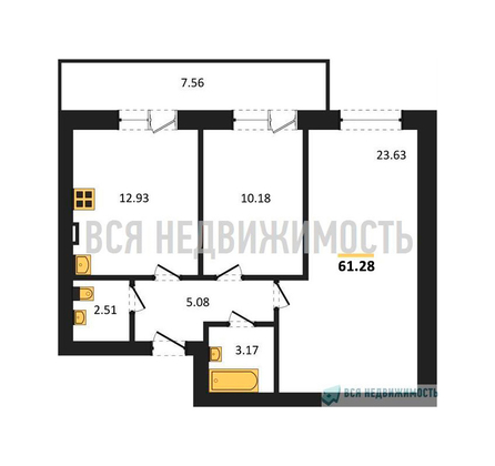 2-комнатная квартира, 61.28кв.м - изображение