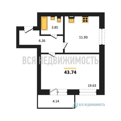 1-комнатная квартира, 43.74кв.м - изображение