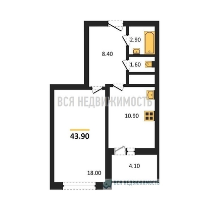 1-комнатная квартира, 43.9кв.м - изображение