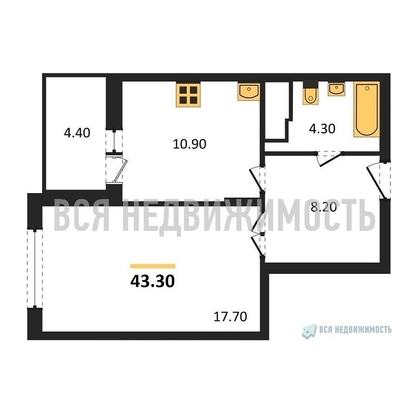 1-комнатная квартира, 43.3кв.м - изображение