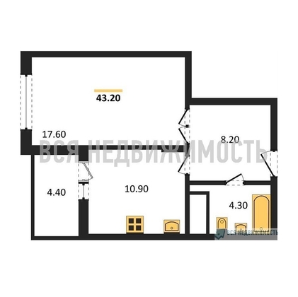 1-комнатная квартира, 43.2кв.м - изображение