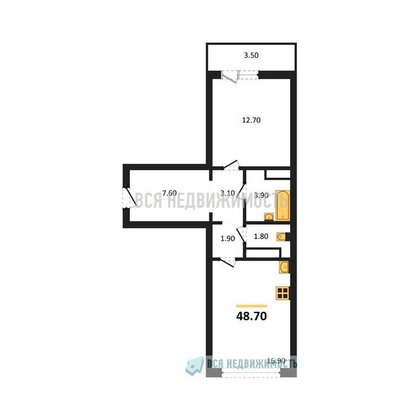 1-комнатная квартира, 48.7кв.м - изображение