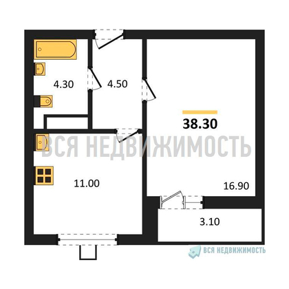 1-комнатная квартира, 38.3кв.м - изображение