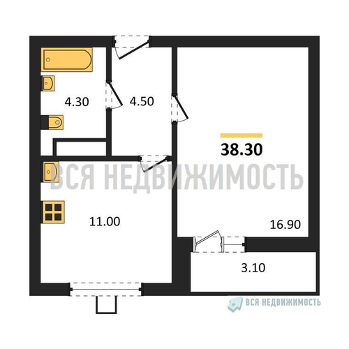 1-комнатная квартира, 38.3кв.м - изображение 0