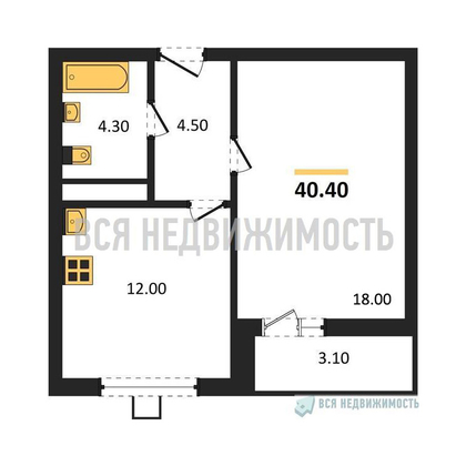 1-комнатная квартира, 40.4кв.м - изображение