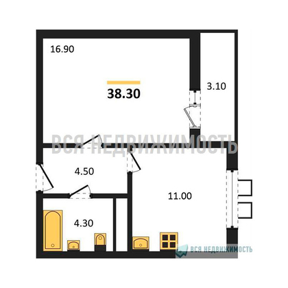 1-комнатная квартира, 38.3кв.м - изображение