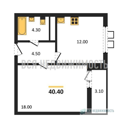 1-комнатная квартира, 40.4кв.м - изображение