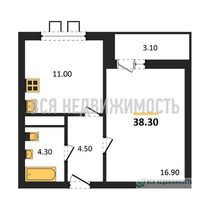 1-комнатная квартира, 38.3кв.м - изображение