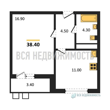 1-комнатная квартира, 38.4кв.м - изображение