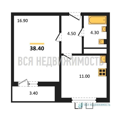 1-комнатная квартира, 38.4кв.м - изображение