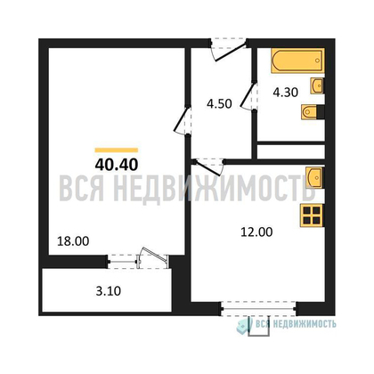 1-комнатная квартира, 40.4кв.м - изображение
