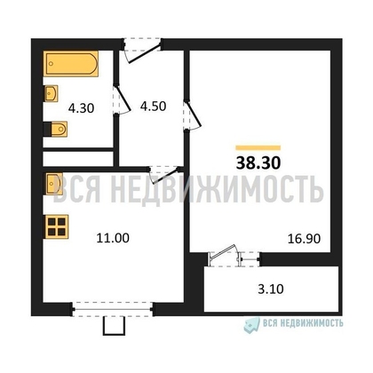 1-комнатная квартира, 38.3кв.м - изображение