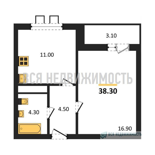 1-комнатная квартира, 38.3кв.м - изображение 0