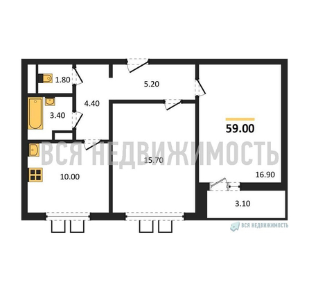 2-комнатная квартира, 59кв.м - изображение