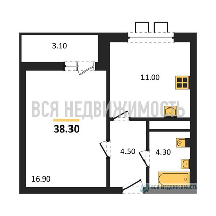 1-комнатная квартира, 38.3кв.м - изображение