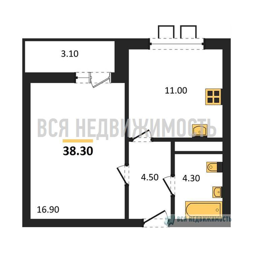 1-комнатная квартира, 38.3кв.м - изображение 0