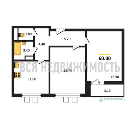 2-комнатная квартира, 60кв.м - изображение