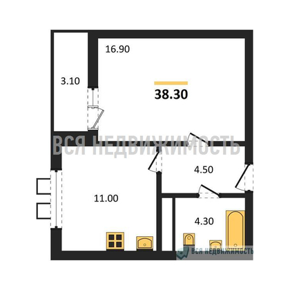 1-комнатная квартира, 38.3кв.м - изображение