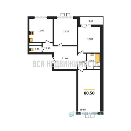 3-комнатная квартира, 80.5кв.м - изображение