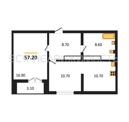 2-комнатная квартира, 57.2кв.м - изображение