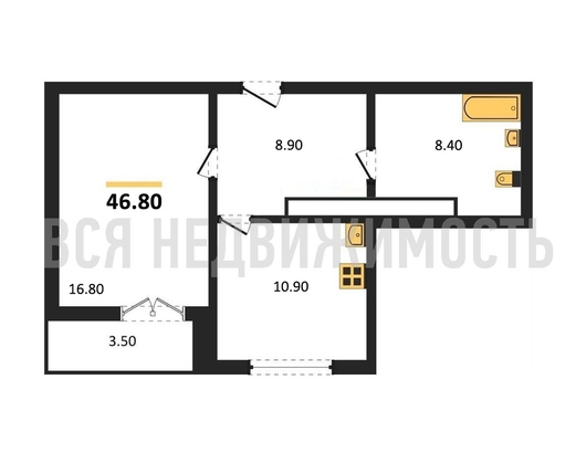 1-комнатная квартира, 46.8кв.м - изображение