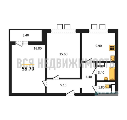 2-комнатная квартира, 58.7кв.м - изображение