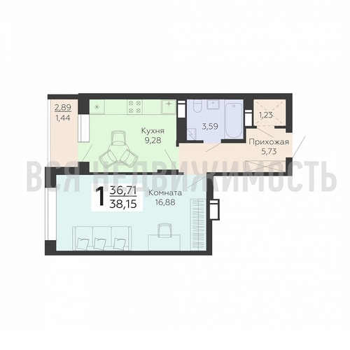 1-комнатная квартира, 38.15кв.м - изображение 0