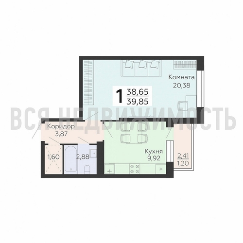 1-комнатная квартира, 39.85кв.м - изображение 0