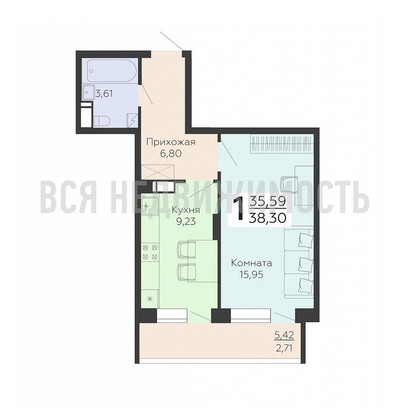 1-комнатная квартира, 38.3кв.м - изображение