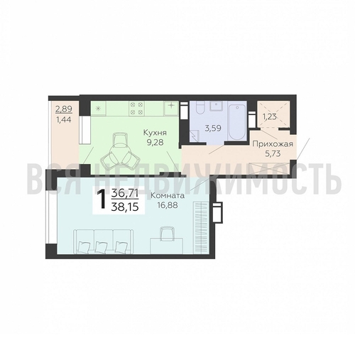 1-комнатная квартира, 38.15кв.м - изображение 0