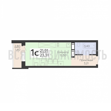 квартира-студия, 23,31кв.м. - изображение