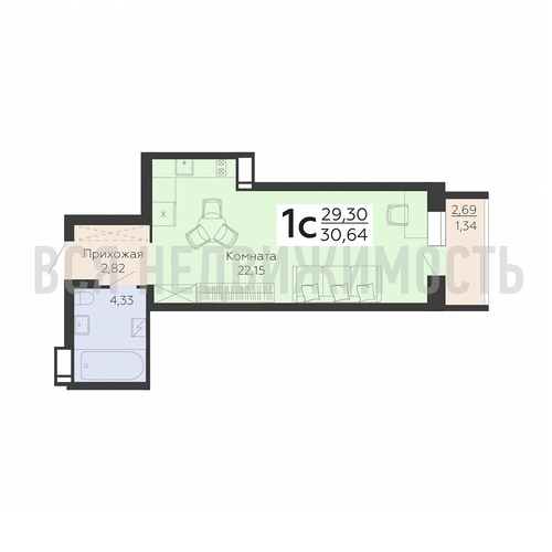 квартира-студия, 30,64кв.м. - изображение 0