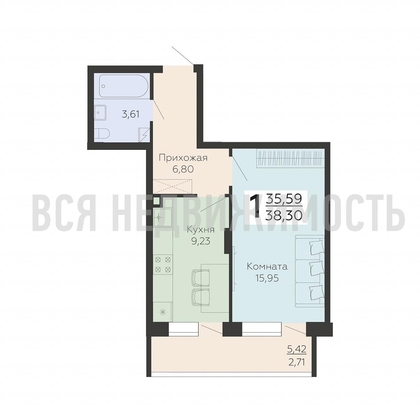 1-комнатная квартира, 38.3кв.м - изображение