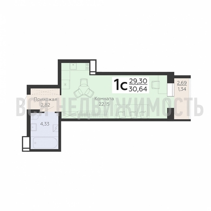 квартира-студия, 30,64кв.м. - изображение