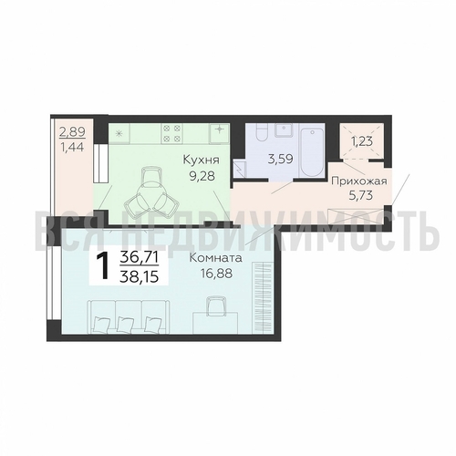 1-комнатная квартира, 38.15кв.м - изображение 0