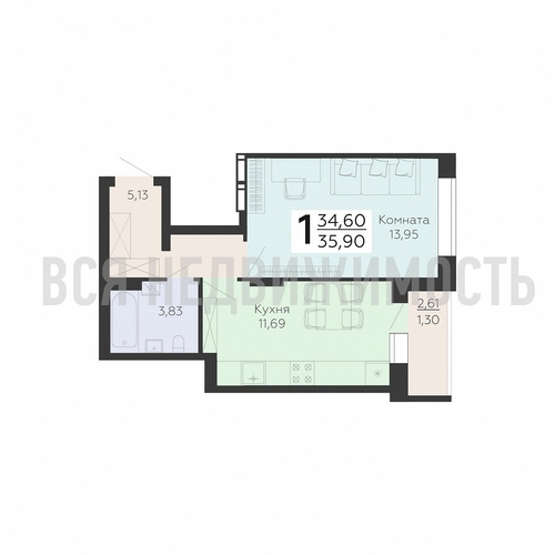 1-комнатная квартира, 35.9кв.м - изображение 0