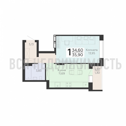 1-комнатная квартира, 35.9кв.м - изображение