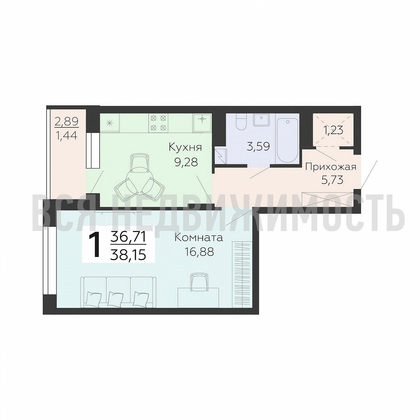 1-комнатная квартира, 38.15кв.м - изображение
