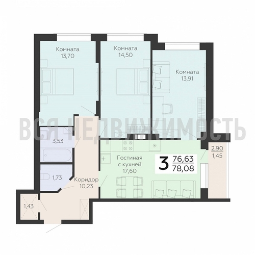 3-комнатная квартира, 78.08кв.м - изображение 0