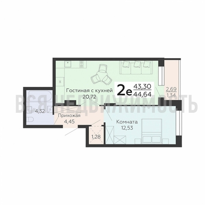 1-комнатная квартира, 44.64кв.м - изображение