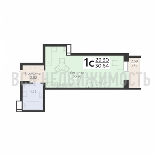 квартира-студия, 30,64кв.м. - изображение 0