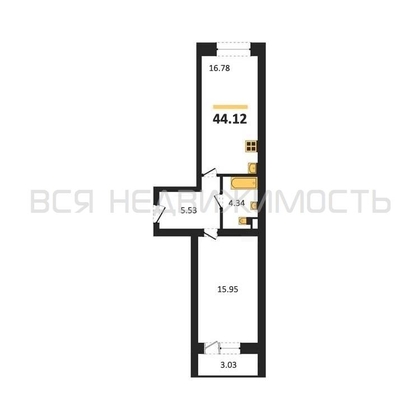 1-комнатная квартира, 44.12кв.м - изображение