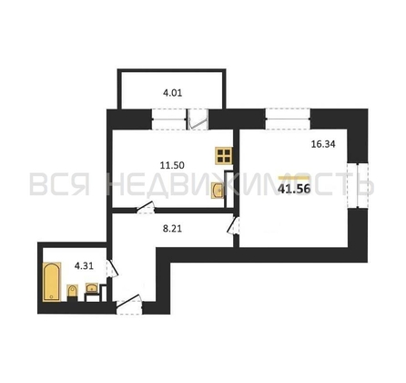 1-комнатная квартира, 41.56кв.м - изображение