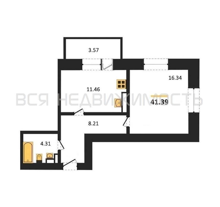 1-комнатная квартира, 41.39кв.м - изображение